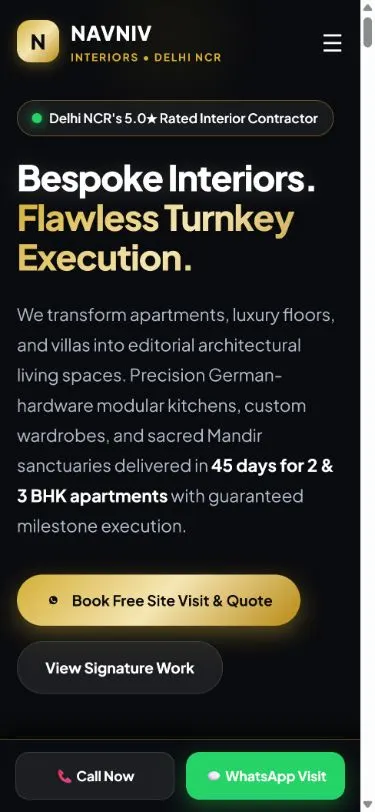 Navniv Interiors opening layout on mobile