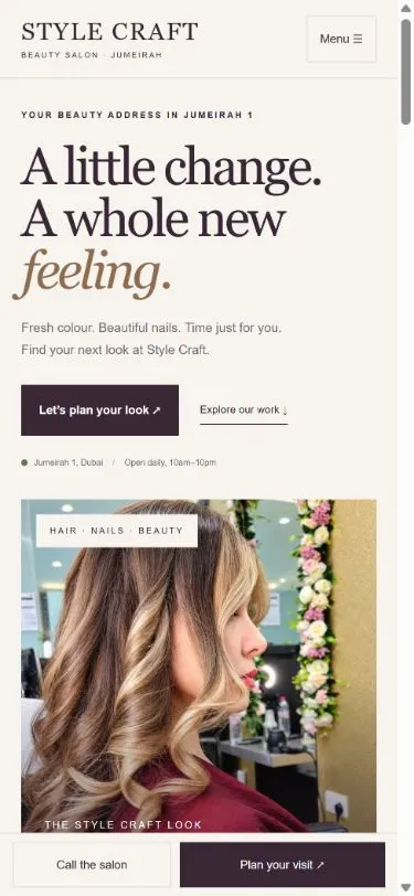 Style Craft Salon opening layout on mobile