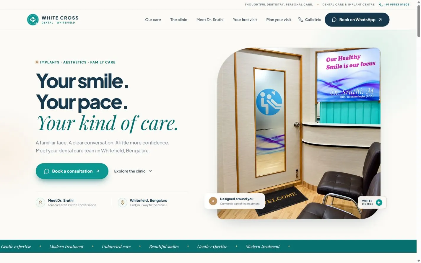 White Cross Dental opening layout at a desktop viewport